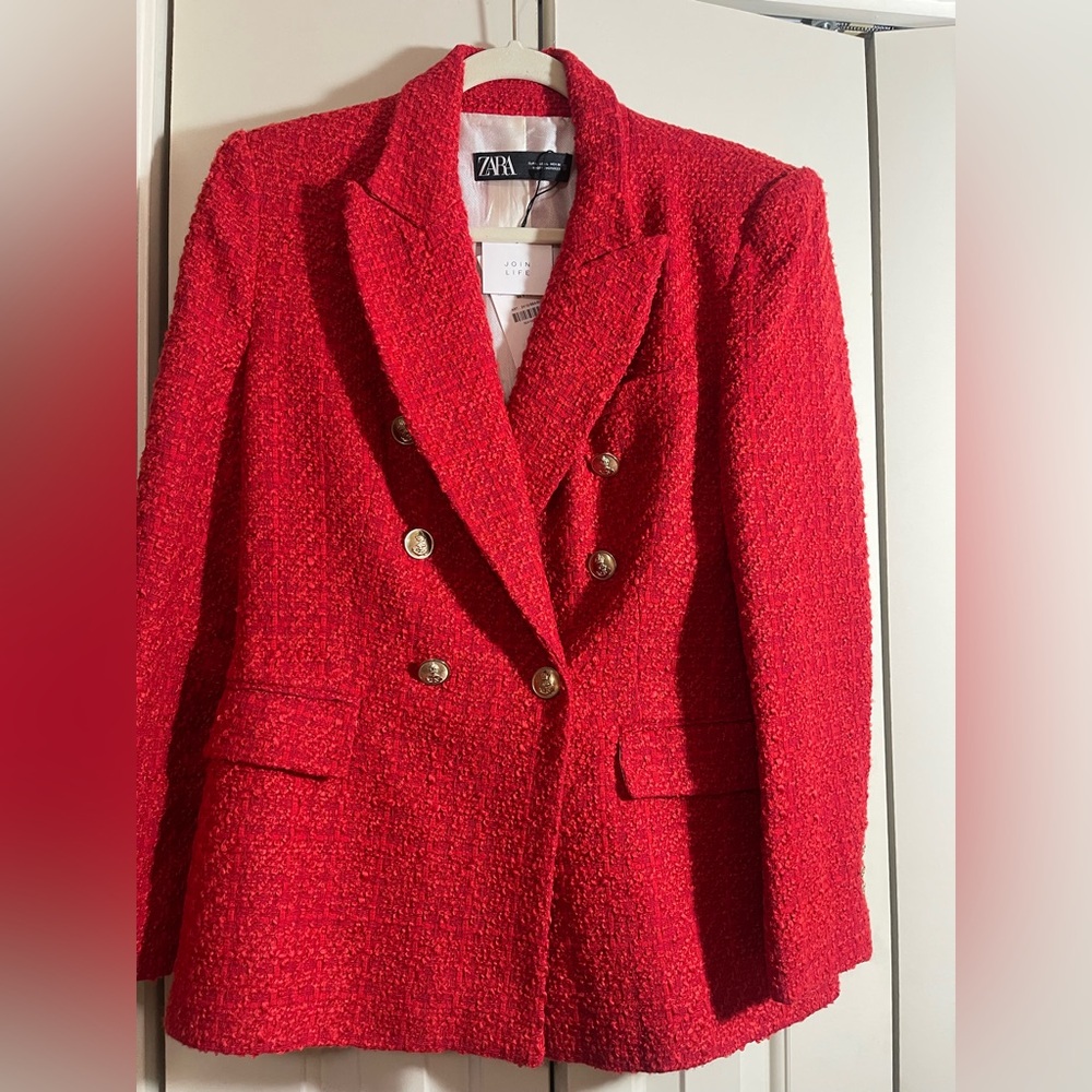Zara Women's Vibrant Red Textured Blazer